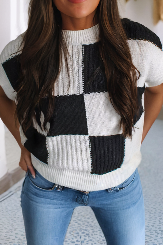 Checkered Color Block Crew Neck Short Sleeve Sweater