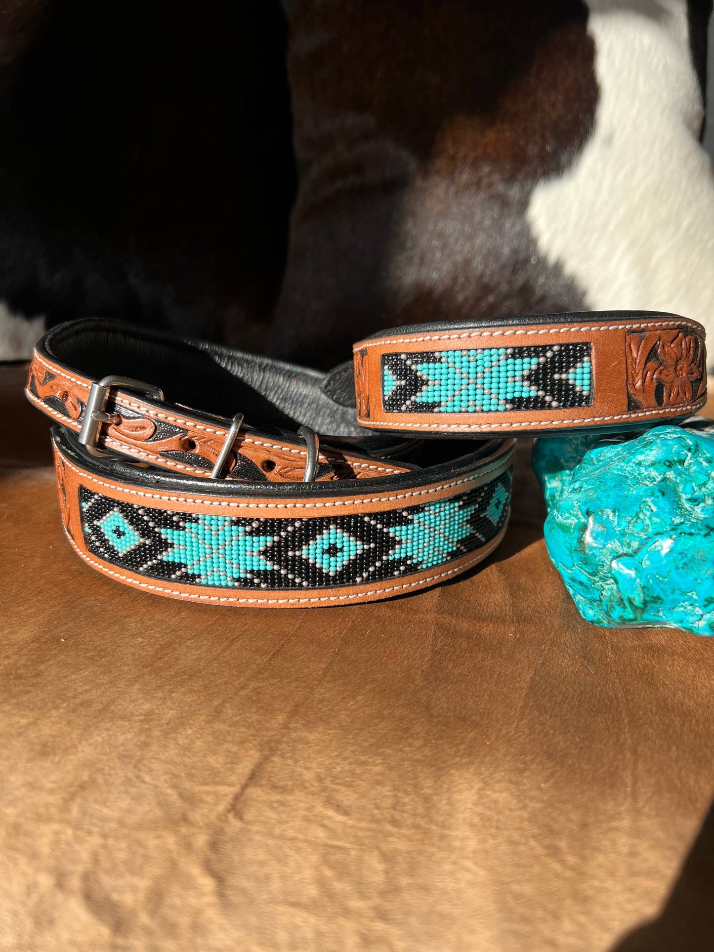 Western Leather Turquoise Black Beaded Bling Dog Collar