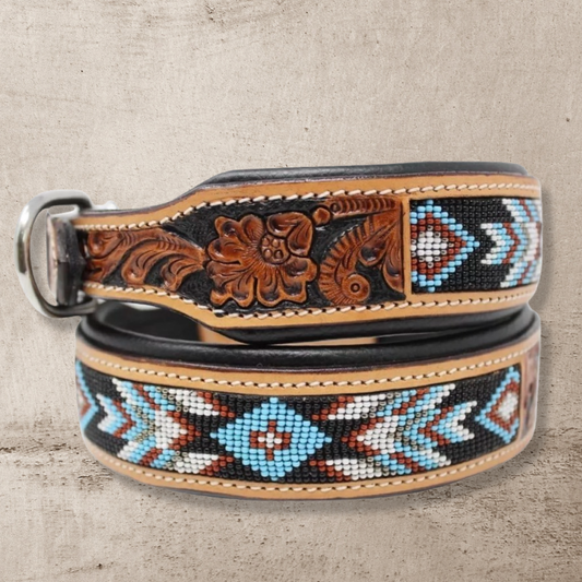 Western Aztec Turquoise Leather Beaded Dog Collar