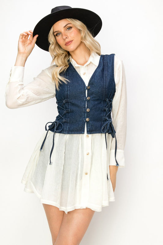 Dark Wash Denim Lace Up Vest