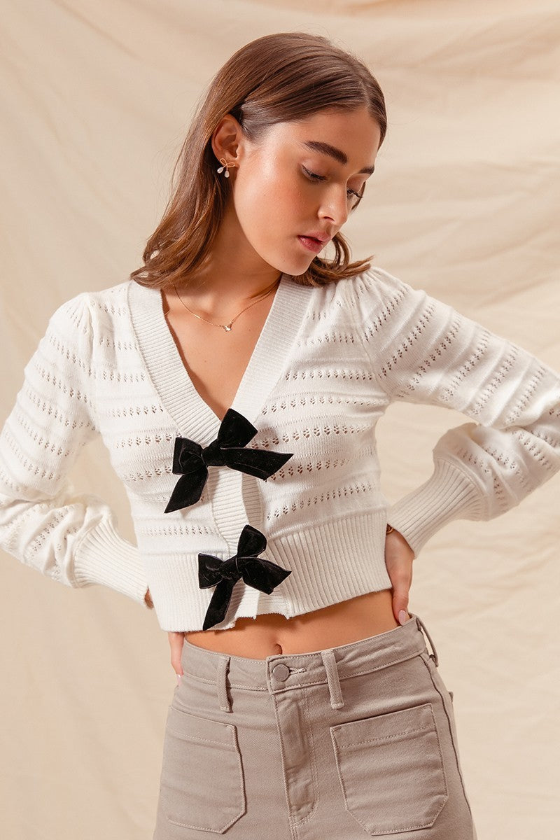 Contrast Bow Front Sweater Cardigan