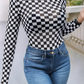 Checkered Printed Long Sleeve High Neck Bodysuit