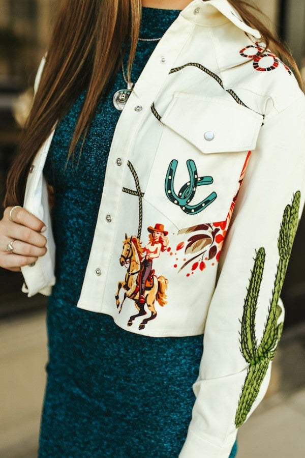 Beige Rodeo Cowgirl Cactus Oversize Crop Shirt