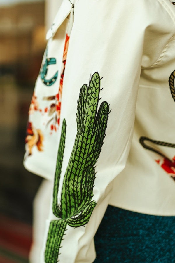 Beige Rodeo Cowgirl Cactus Oversize Crop Shirt