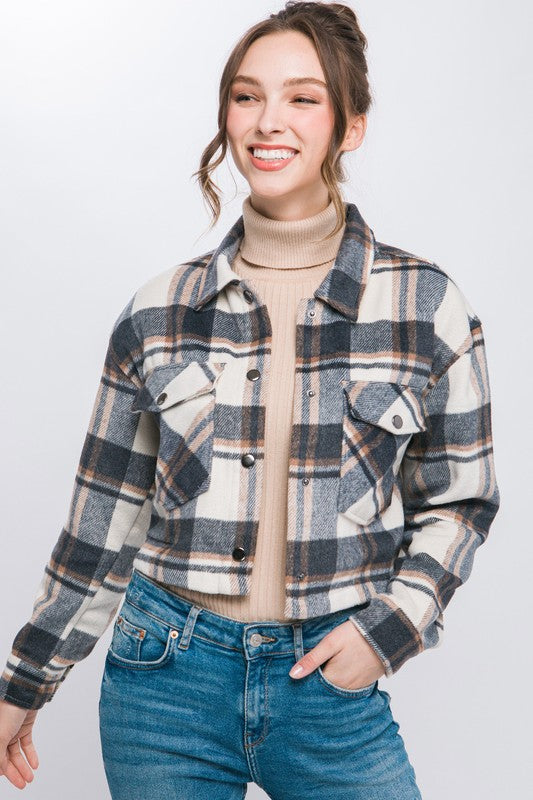 Plaid Cropped Button-Down Jacket