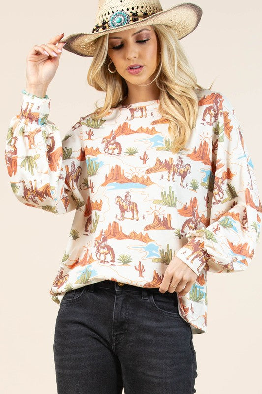 Western Print Long Sleeve Sweatshirt