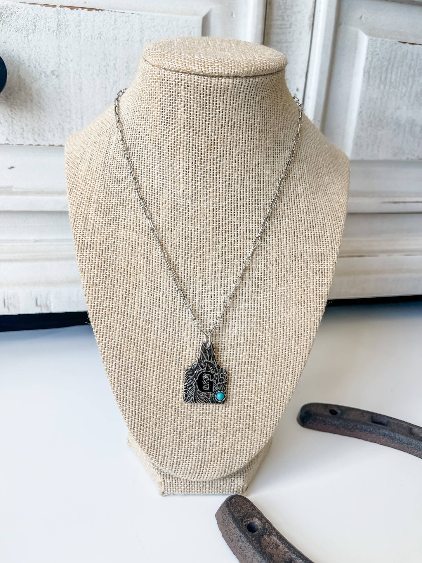 Initial Ear Tag Necklace - Turquoise Stone Pendant