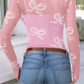 Round Neck Bow Print Long Sleeve Mesh Top (Two Colors)