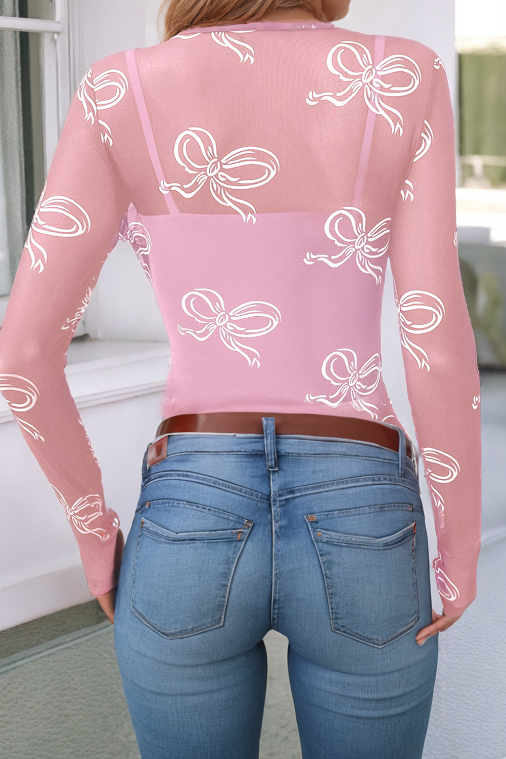 Round Neck Bow Print Long Sleeve Mesh Top (Two Colors)