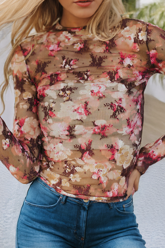 Floral Print Sheer Mesh Long Sleeve Top