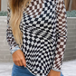 LDC Checkered Pattern Mesh Mock Neck Long Sleeve Top