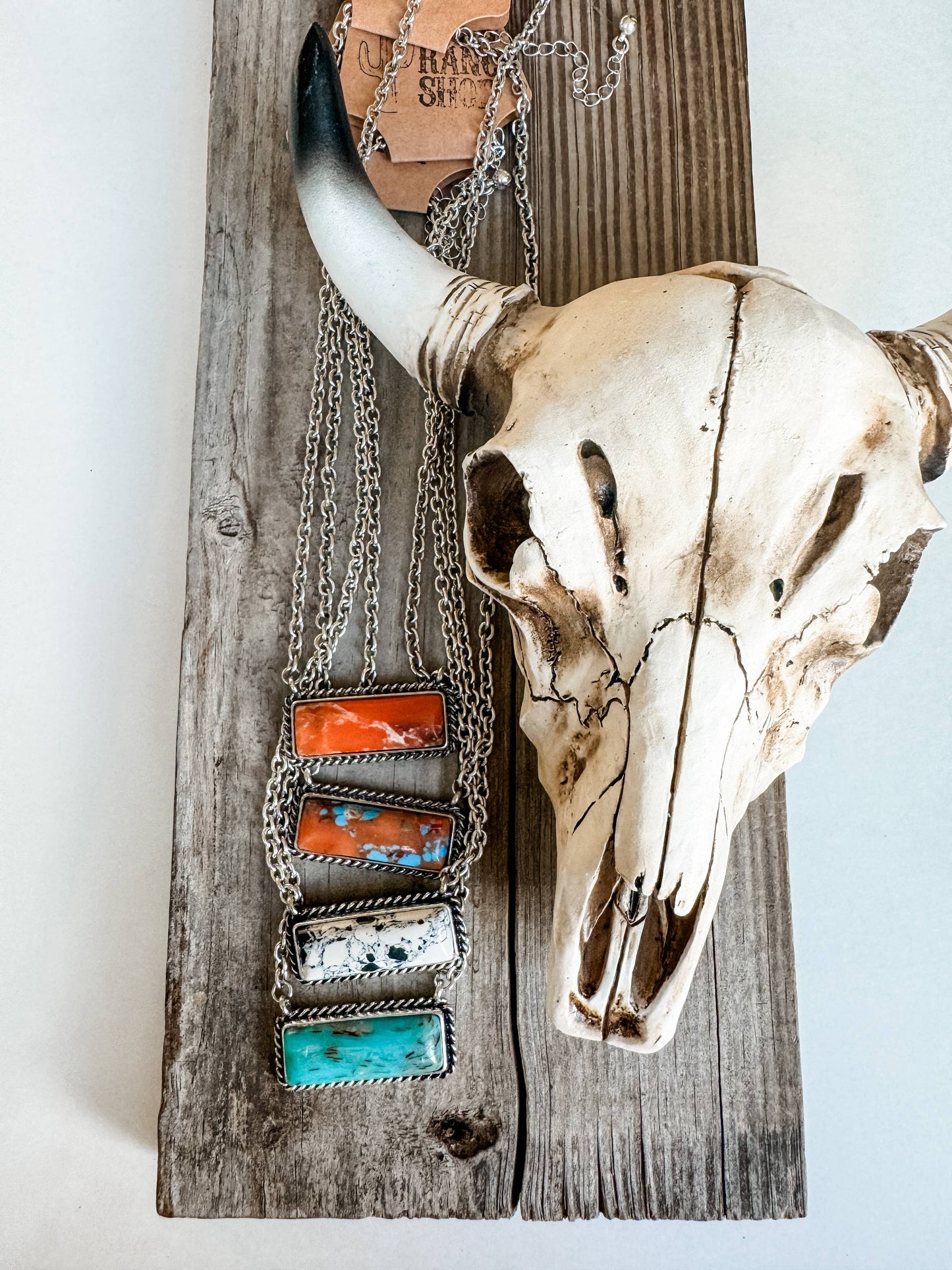 Western Semi Stone Bar Necklace: ORANGE\ TURQUOISE