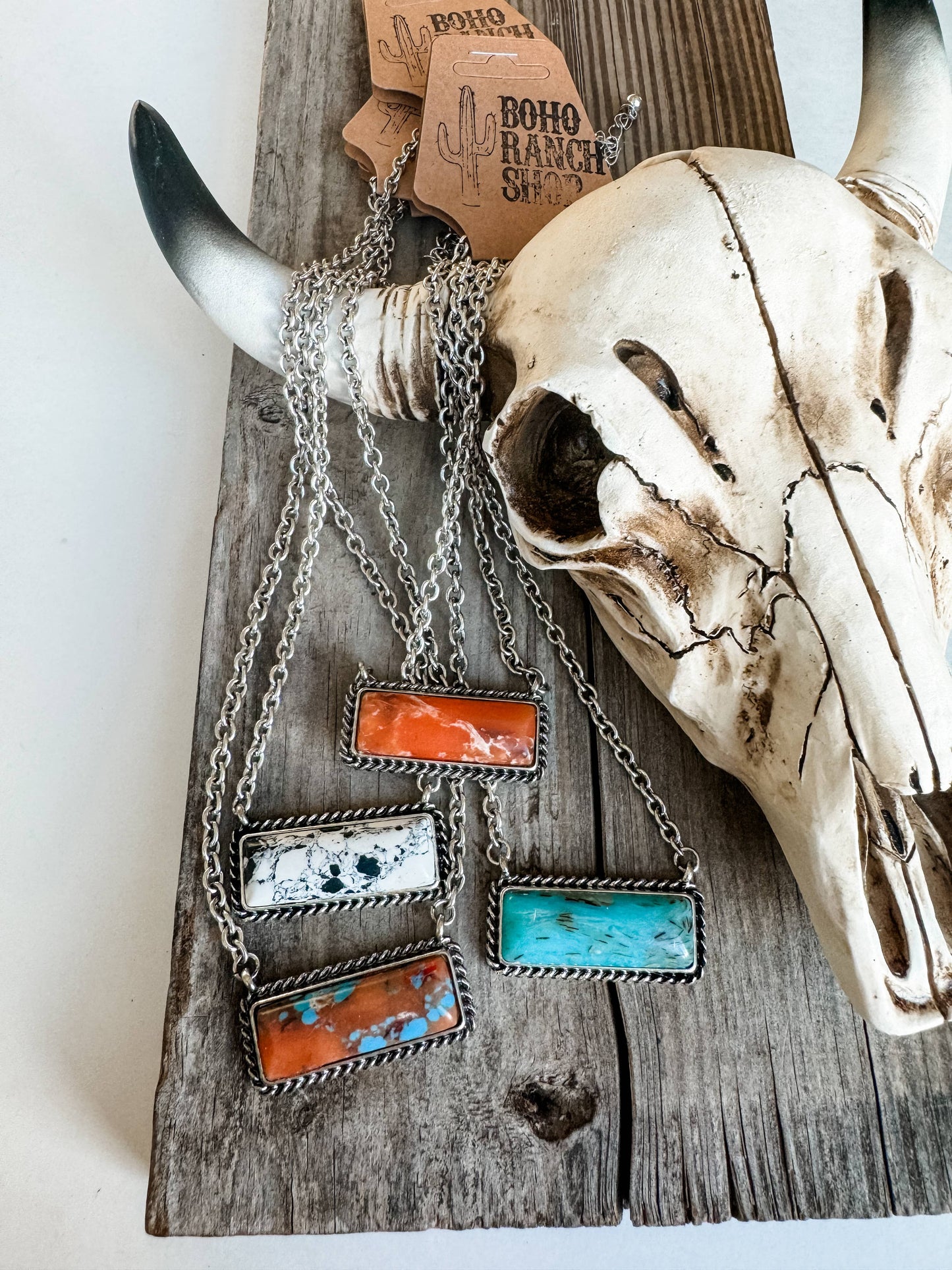 Western Semi Stone Bar Necklace: ORANGE\ TURQUOISE