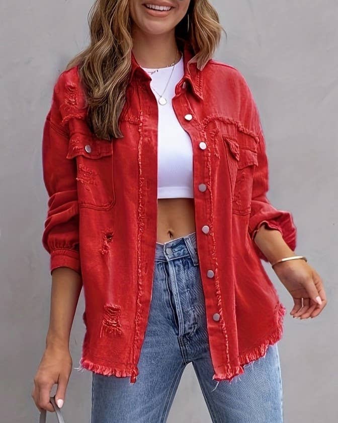 Ripped Long-Sleeved Denim Jackets (Multiple Colors)