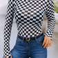 Checkered Printed Long Sleeve High Neck Bodysuit