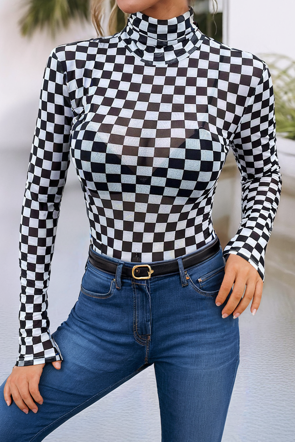 Checkered Printed Long Sleeve High Neck Bodysuit