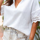 Crinkled Lace Splicing Sleeve Collared V Neck Blouse