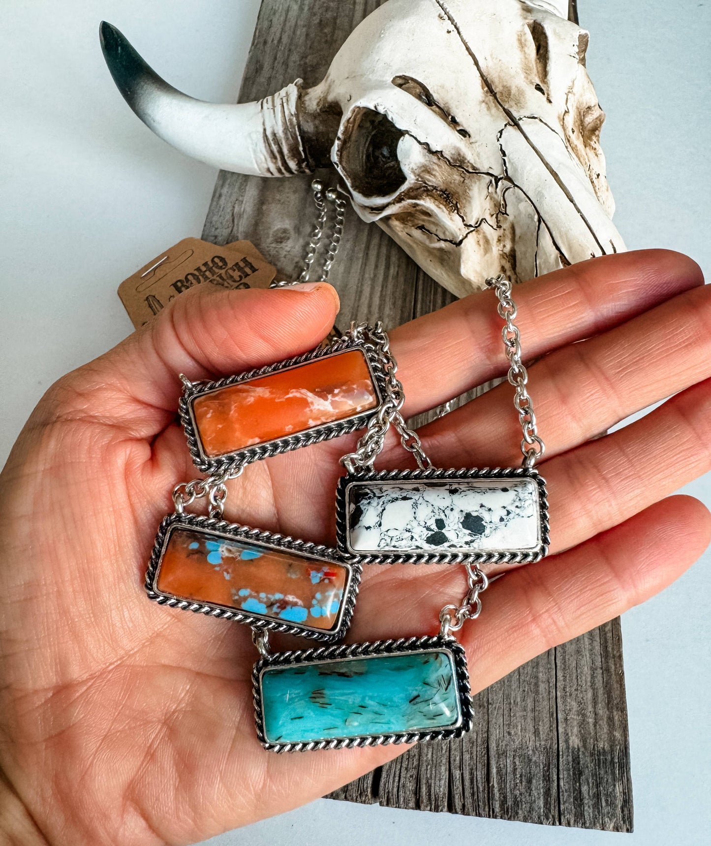 Western Semi Stone Bar Necklace: ORANGE\ TURQUOISE