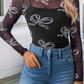 Round Neck Bow Print Long Sleeve Mesh Top (Two Colors)