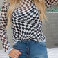 LDC Checkered Pattern Mesh Mock Neck Long Sleeve Top