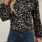 Leopard Print Lantern Sleeve Mock Neck Pleated Blouse