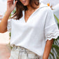 Crinkled Lace Splicing Sleeve Collared V Neck Blouse