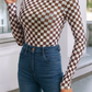 Checkered Printed Long Sleeve High Neck Bodysuit (Two Colors)