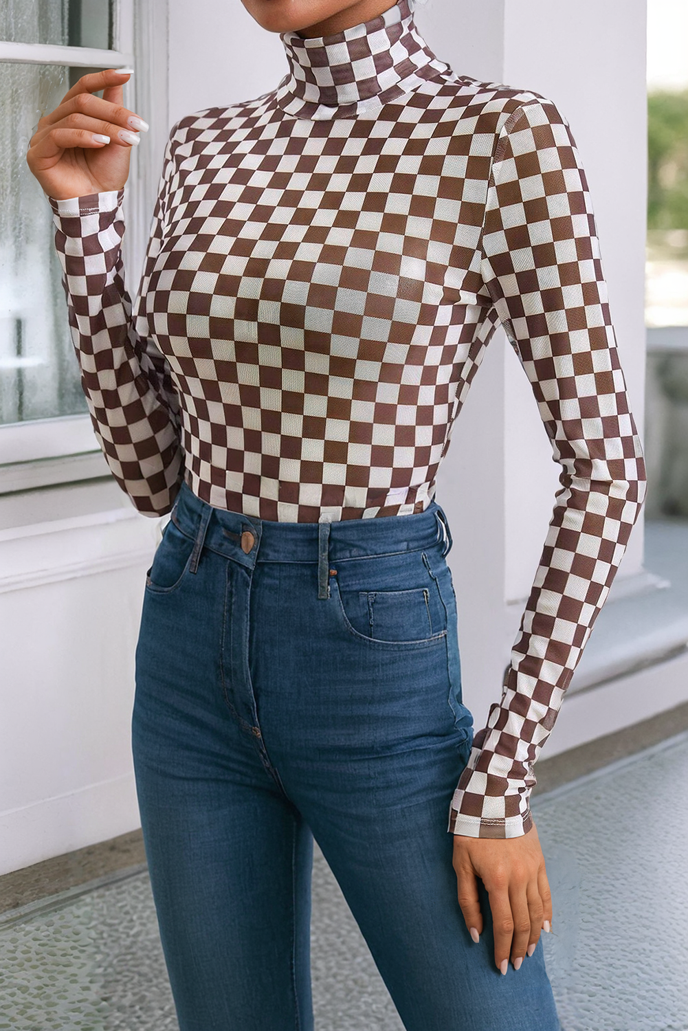 Checkered Printed Long Sleeve High Neck Bodysuit (Two Colors)