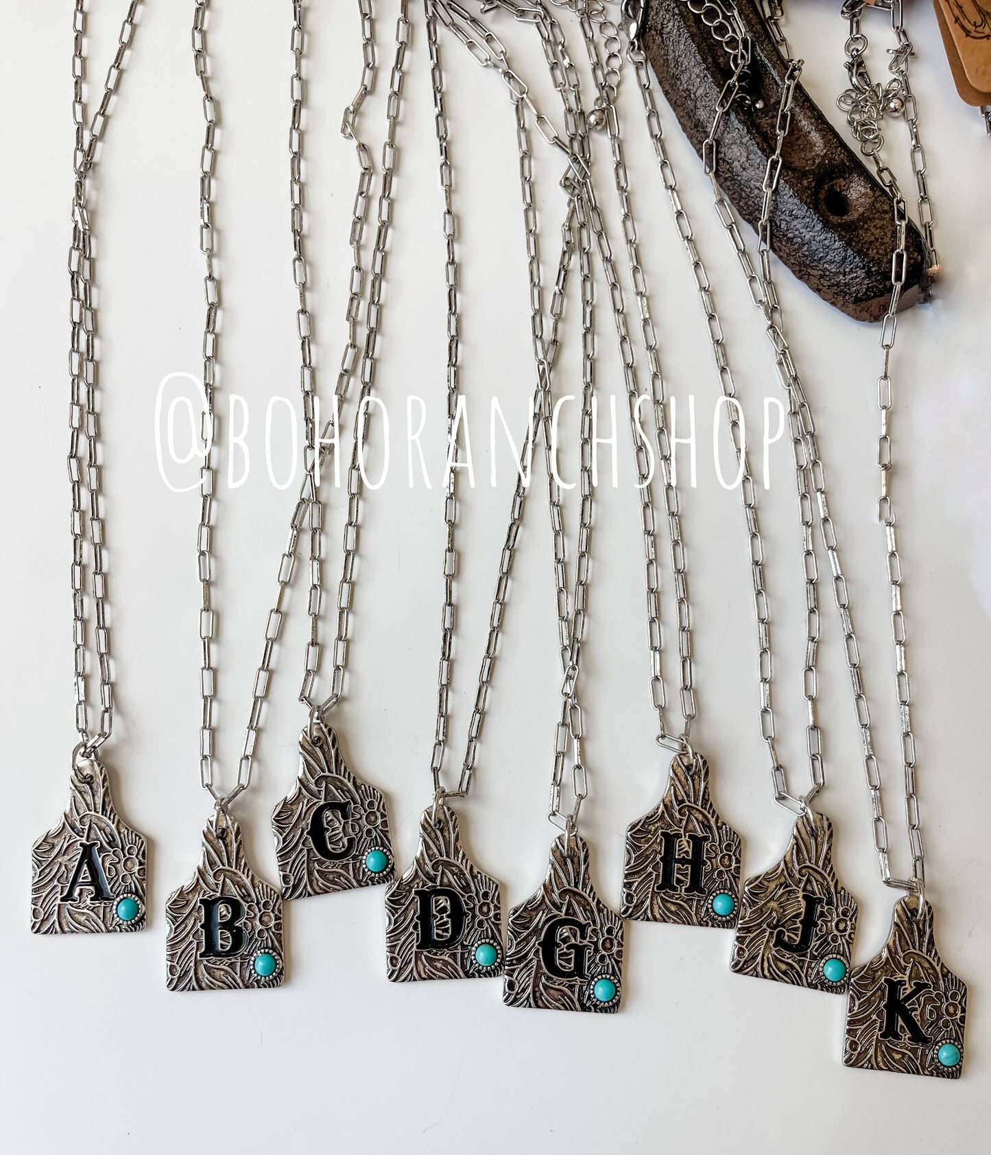 Initial Ear Tag Necklace - Turquoise Stone Pendant