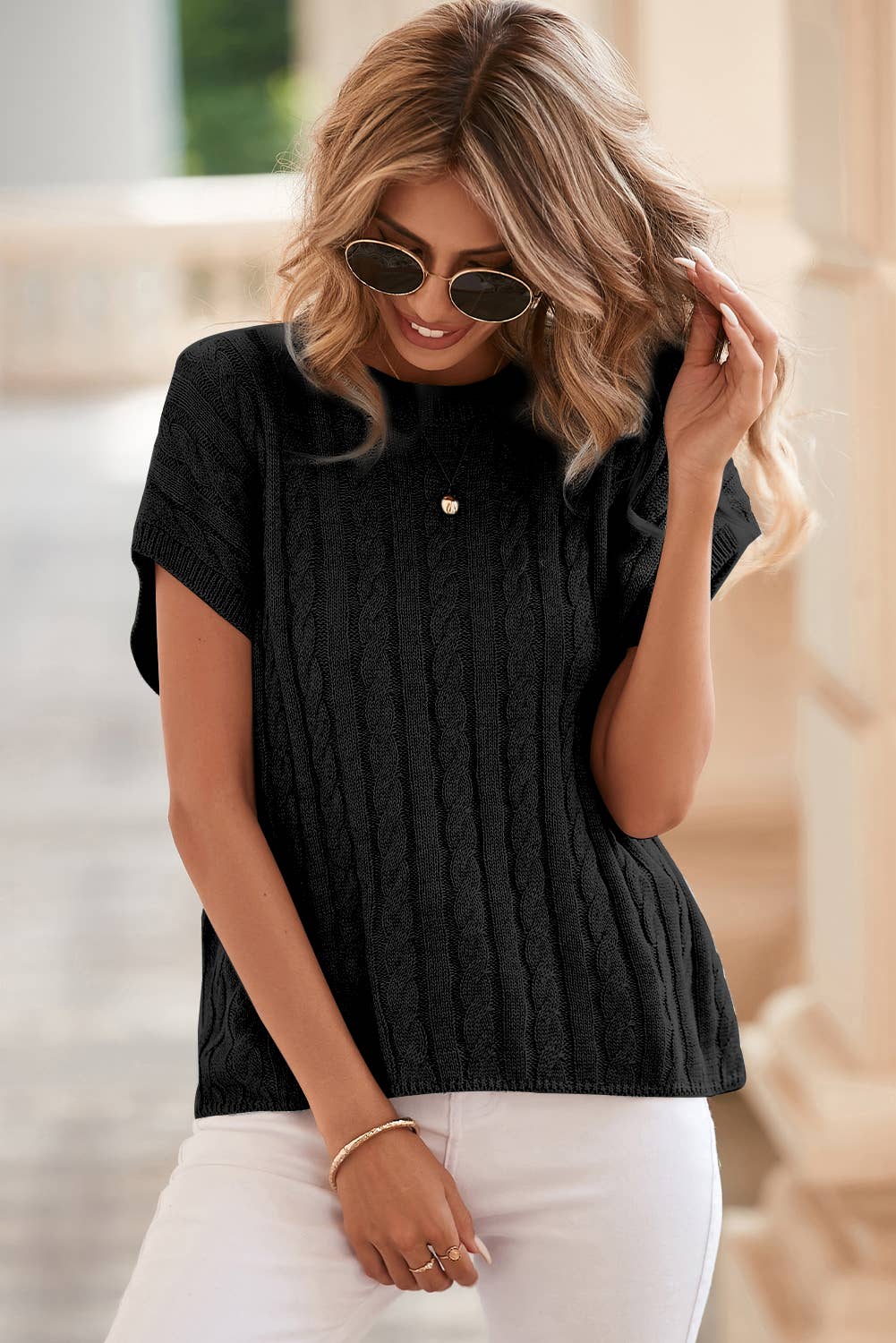 Crew Neck Cable Knit Short Sleeve Sweater (Two Colors)