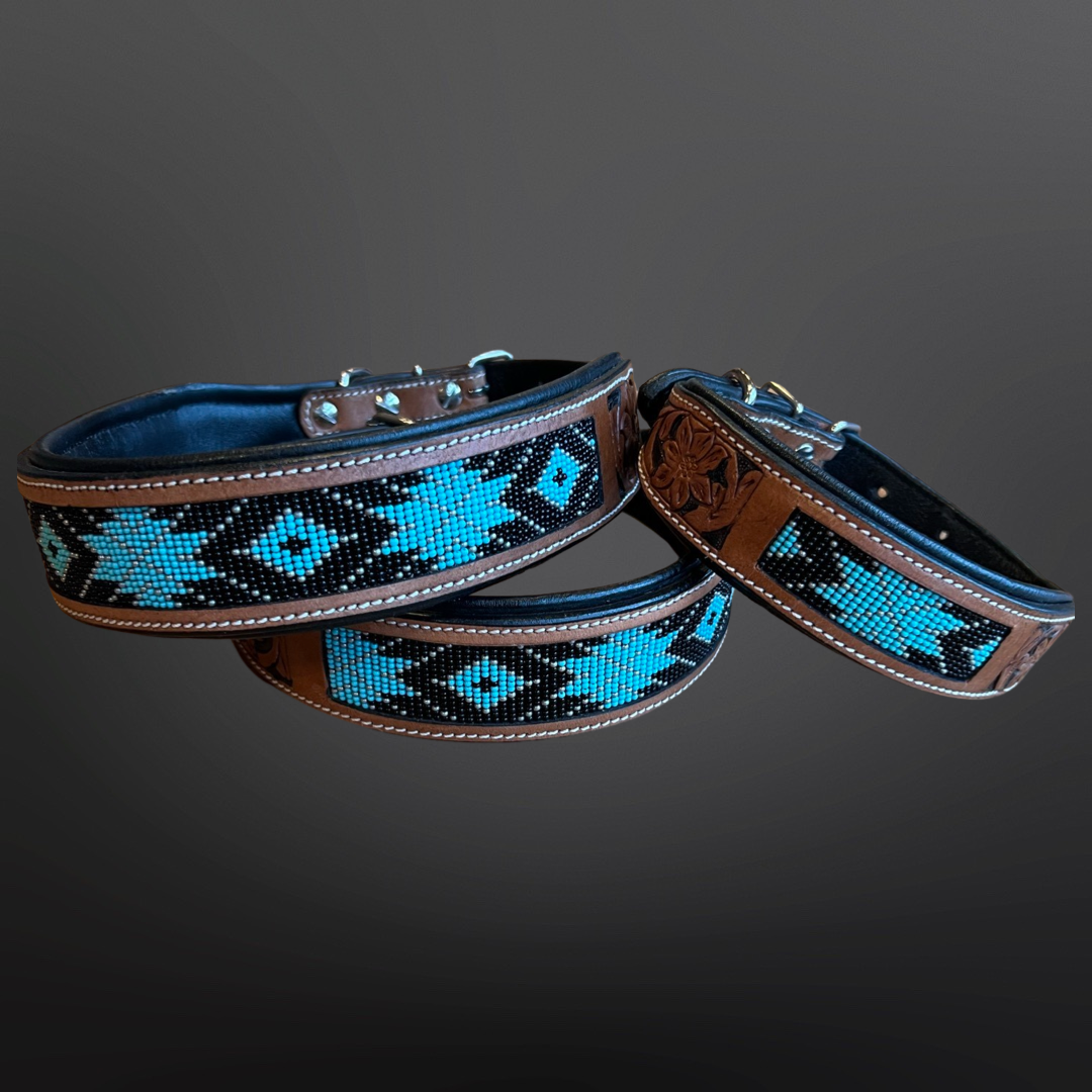 Western Leather Turquoise Black Beaded Bling Dog Collar