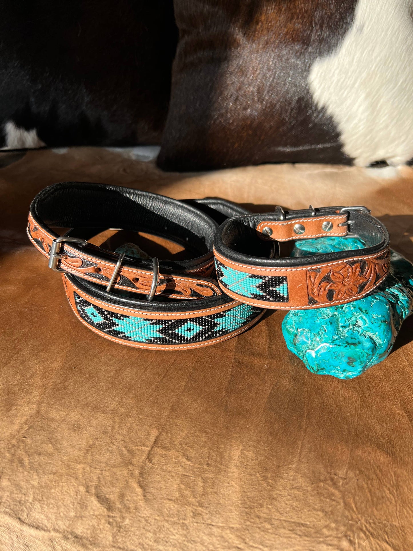 Western Leather Turquoise Black Beaded Bling Dog Collar