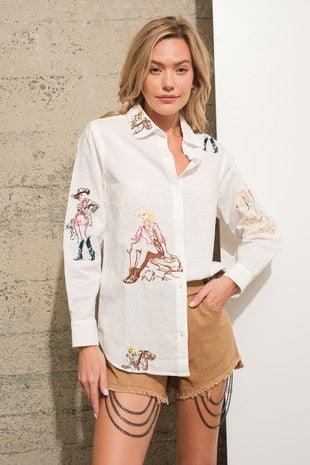 Embroidered Western Cowgirl Button-up