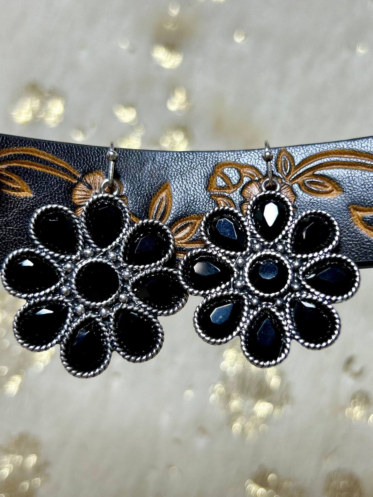 Black Crystal Flower Earrings