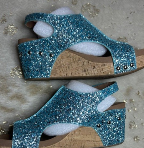 Chunky Turquoise Glitter Wedge Sandals