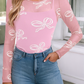 Round Neck Bow Print Long Sleeve Mesh Top (Two Colors)