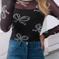 Round Neck Bow Print Long Sleeve Mesh Top (Two Colors)