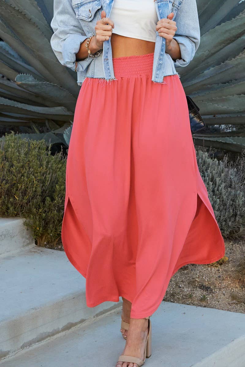 SMOCKING WAIST MAXI SKIRT WITH POCKETS (Four Colors)