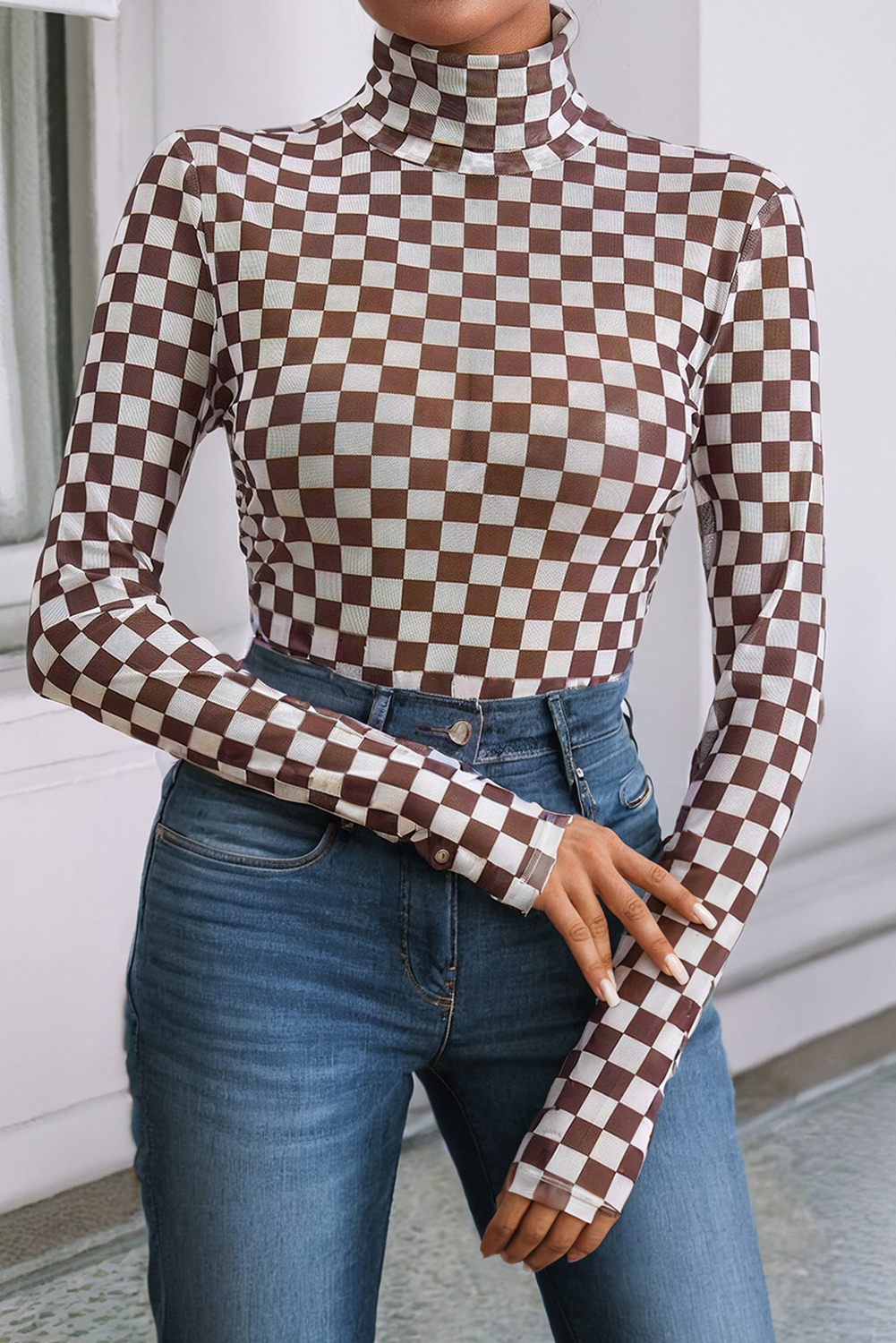 Checkered Printed Long Sleeve High Neck Bodysuit