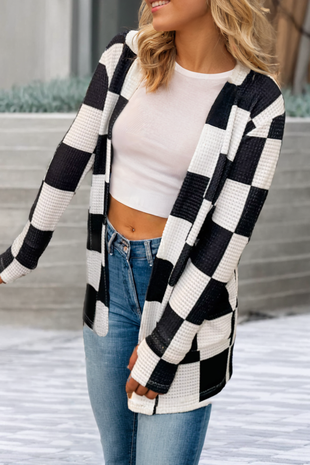 Checkered Print Waffle Knit Thumbhole Open Front Kimono