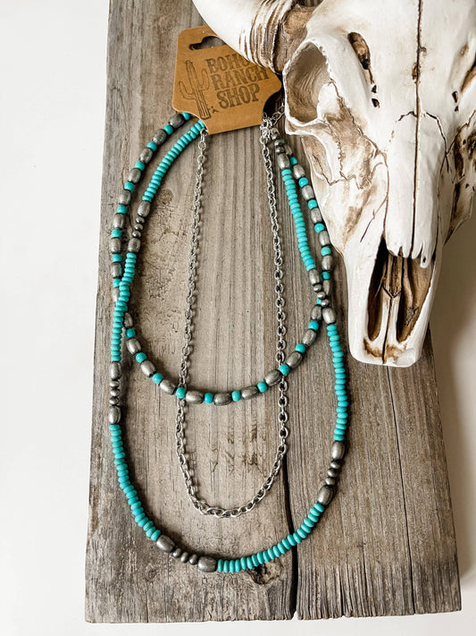 Western Semi Stone Layered Navajo Bead Neckace: Turquoise