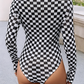 Checkered Printed Long Sleeve High Neck Bodysuit