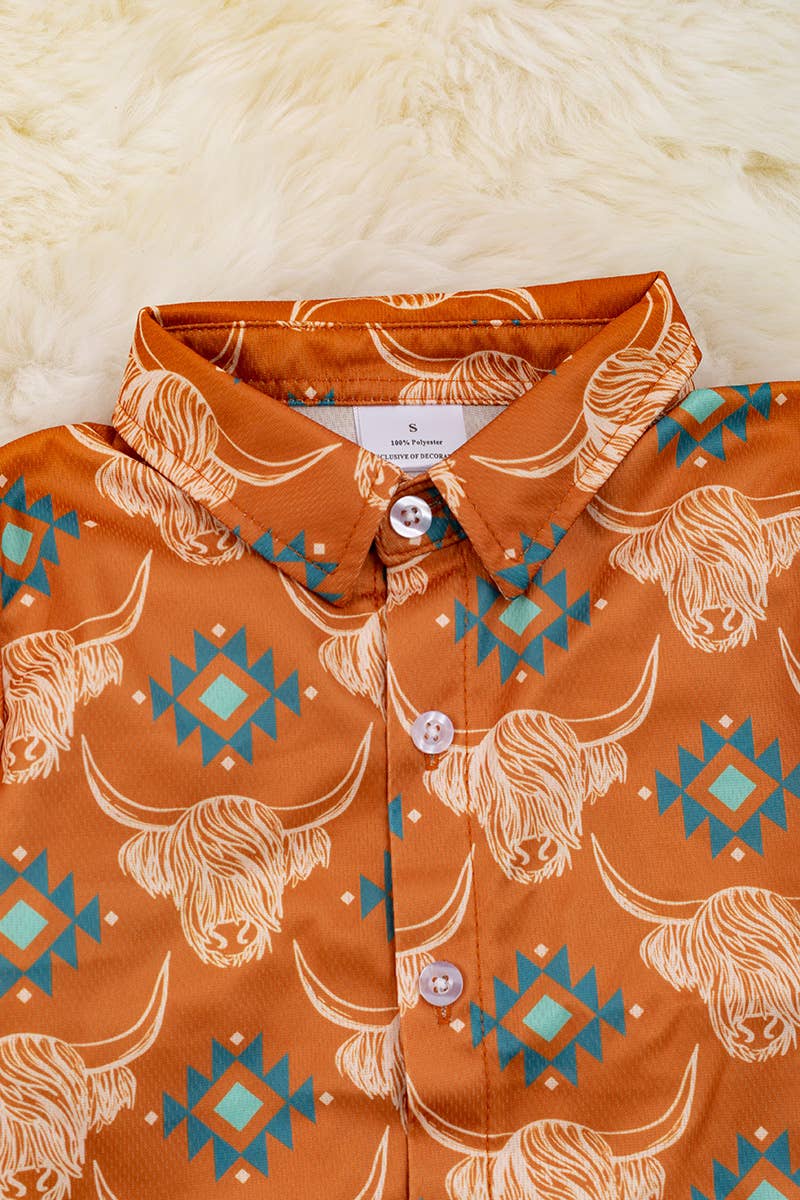 RUST ORANGE HIGHLAND COW PRINTED BOYS SHIRT