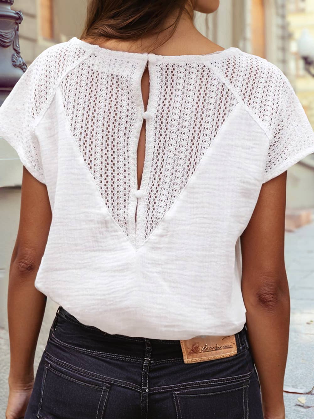 Lace Crochet Textured Button Back V Neck T Shirt