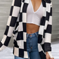 Checkered Print Waffle Knit Thumbhole Open Front Kimono