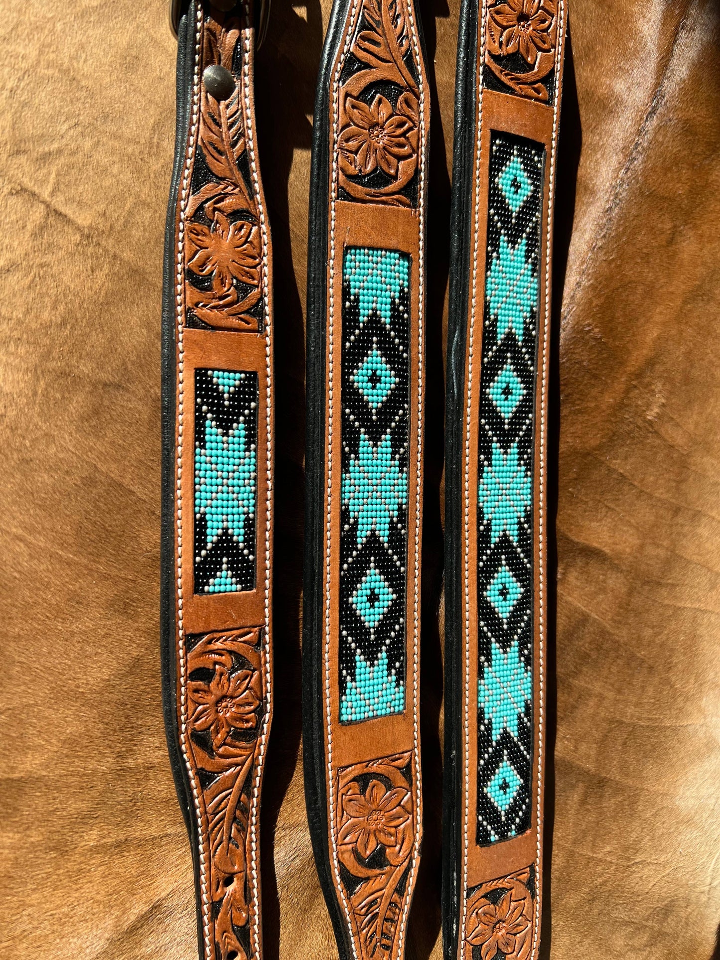 Western Leather Turquoise Black Beaded Bling Dog Collar