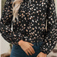 Leopard Print Lantern Sleeve Mock Neck Pleated Blouse