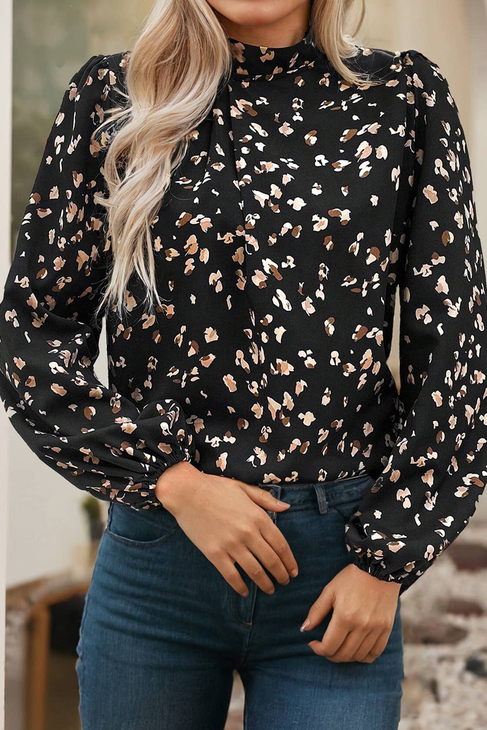 Leopard Print Lantern Sleeve Mock Neck Pleated Blouse