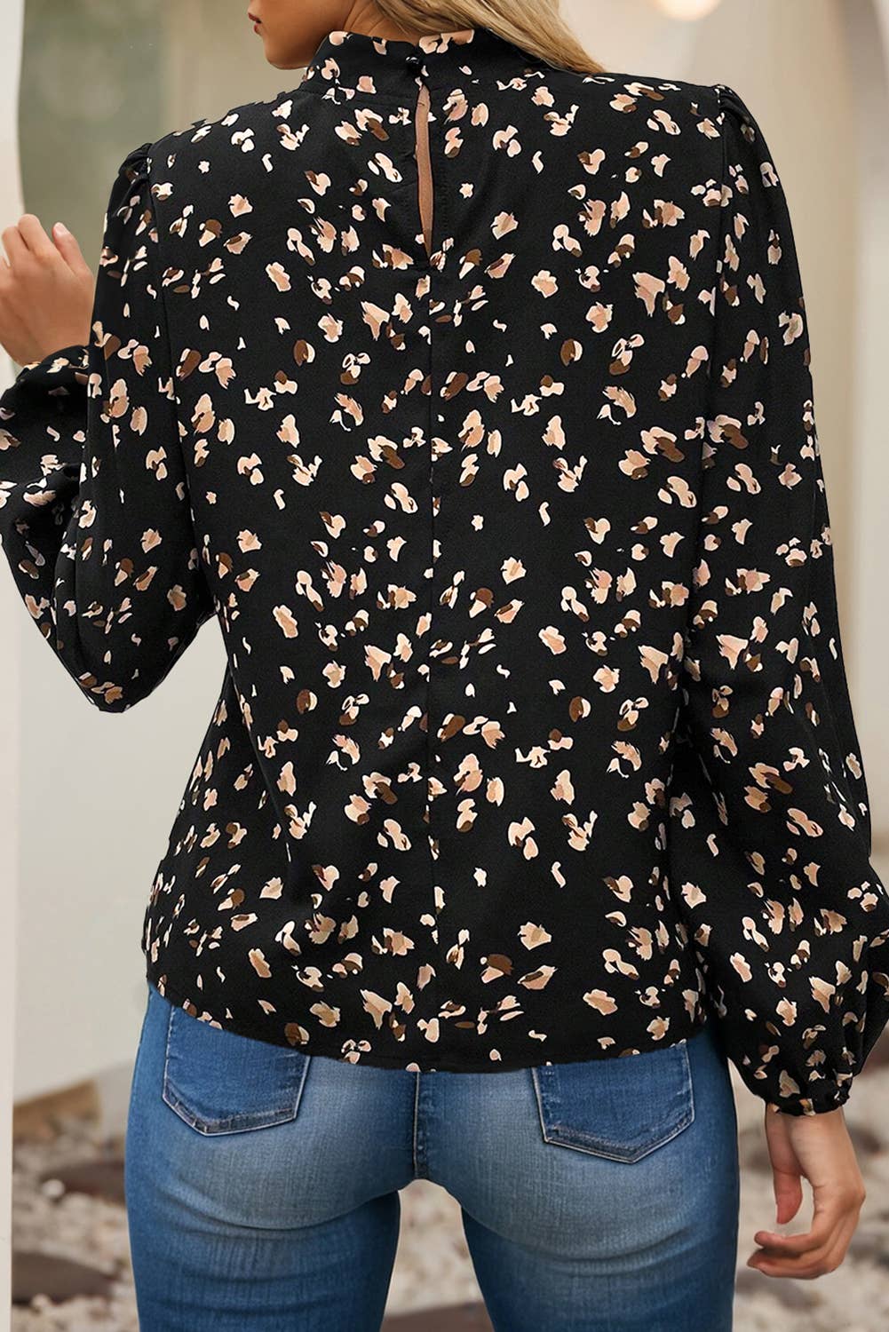 Leopard Print Lantern Sleeve Mock Neck Pleated Blouse